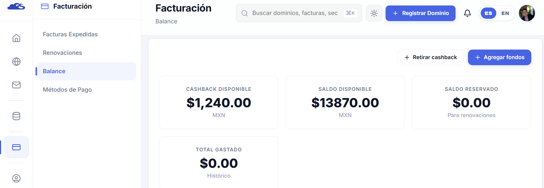 Panel de cliente de Sidemex con $1,240.00 MXN de cashback disponible para retiro por SPEI
